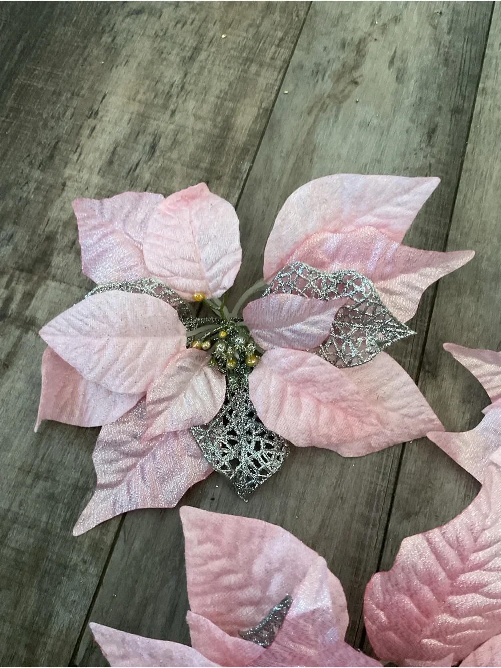 Pink Glitter Poinsettia Holiday Floral Sprigs - Set of 3
